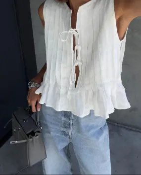 Girlary Fashion Bow Lace Up Shirts Women Cotton Linen Hollow Out Sleeveless Pleated Blouses Woman 2024 Summer New Casual Lady White Tops