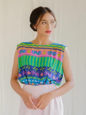 Vintage Colorful Graphic Print Sleeveless Chiffon Blouse
